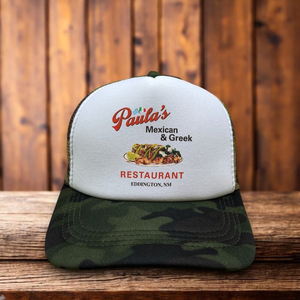 Eddington Ari Aster Mens Trucker Hat Camo Paula's Mexican & Greek Restaurant Cap